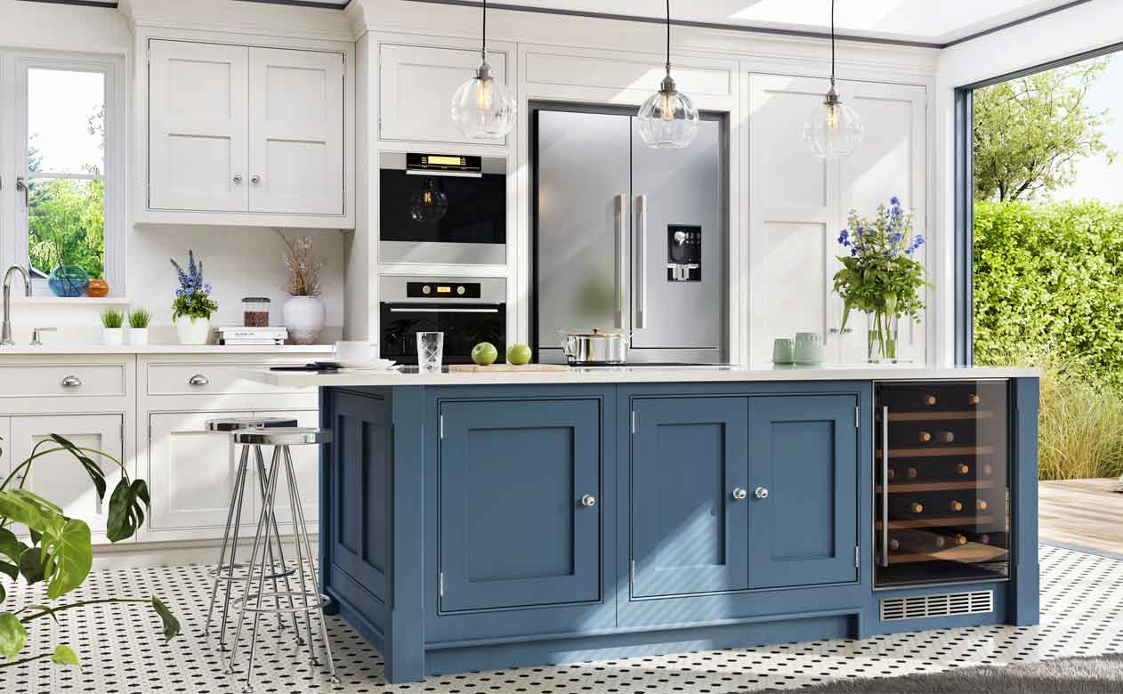 kitchen and bath with blue and white cabinets and white countertops