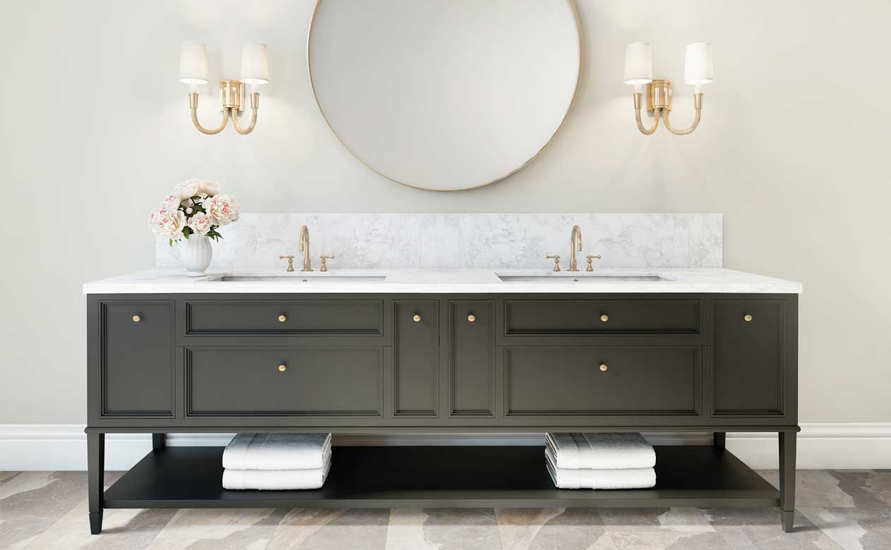 Grey tone waterproof flooring in bathroom with vanity and black cabinets