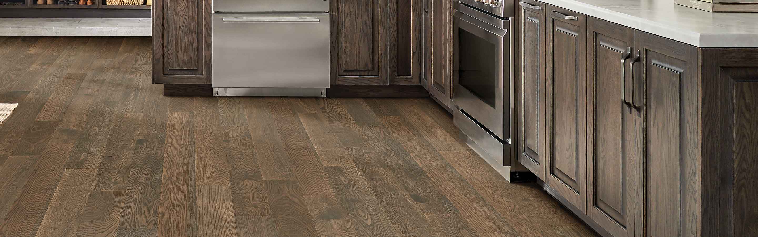 dark wood look cabinets in rustic kitchen