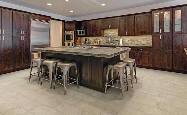 oversized grey tile flooring in kitchen